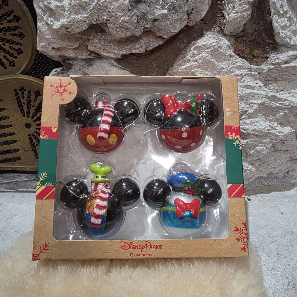 Disney Parks Mickey Goofy Minnie Scarf Glitter Holiday Christmas Ornament Set 4